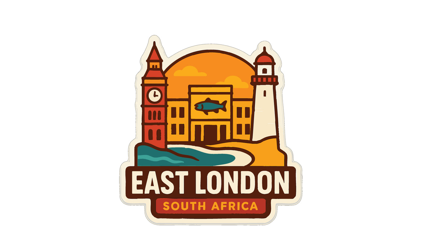 The image is a sticker or logo featuring landmarks and symbols associated with East London, South Africa.