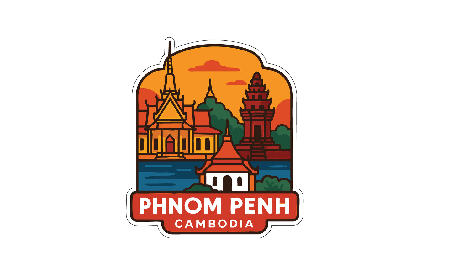 a sticker or emblem with a stylized illustration of the Phnom Penh temple complex in Cambodia.