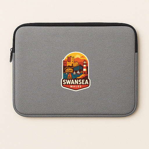 A gray laptop sleeve with a colorful logo of SwansEA Wales.