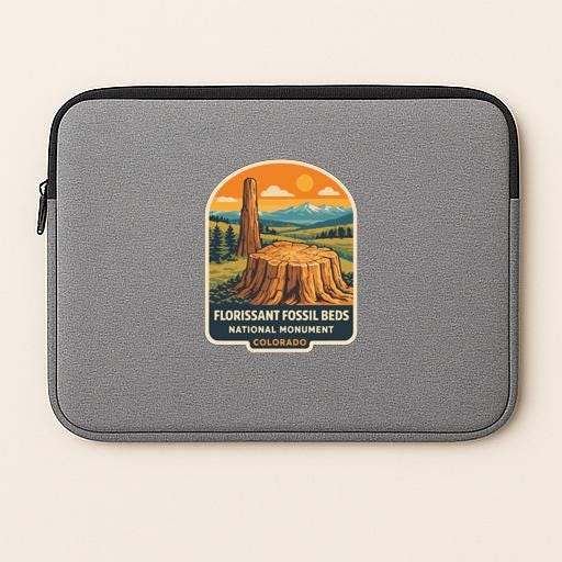 A gray laptop sleeve with a graphic design depicting the Florissant Fossil Beds National Monument in Colorado.