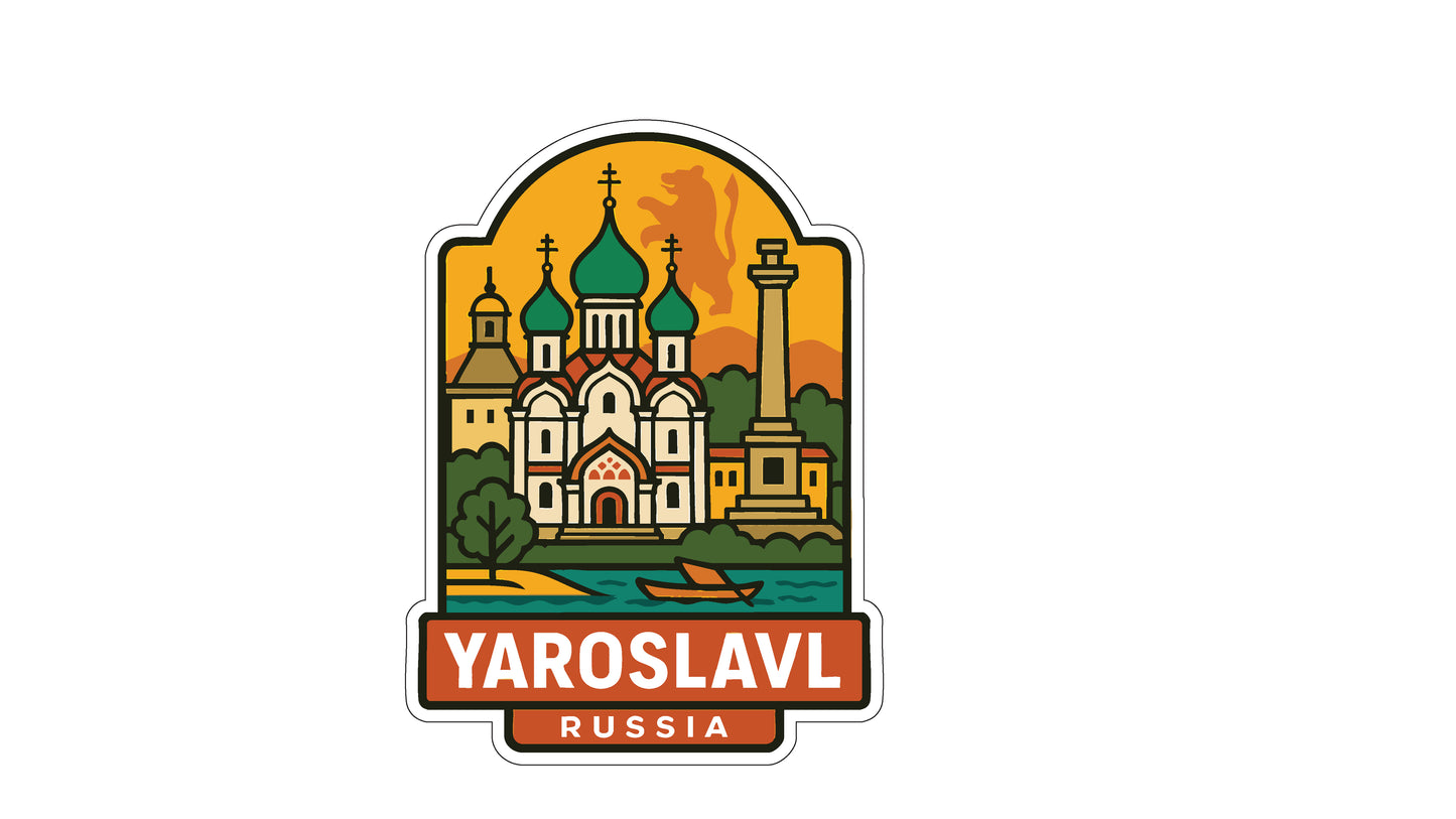 The image is a sticker or emblem featuring a stylized illustration of a Russian landmark, with the text "YAROSLAV" and "RUSSIA" prominently displayed.