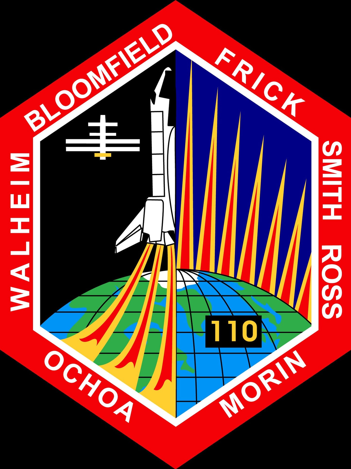 a red and blue patch with a picture of a space shuttle