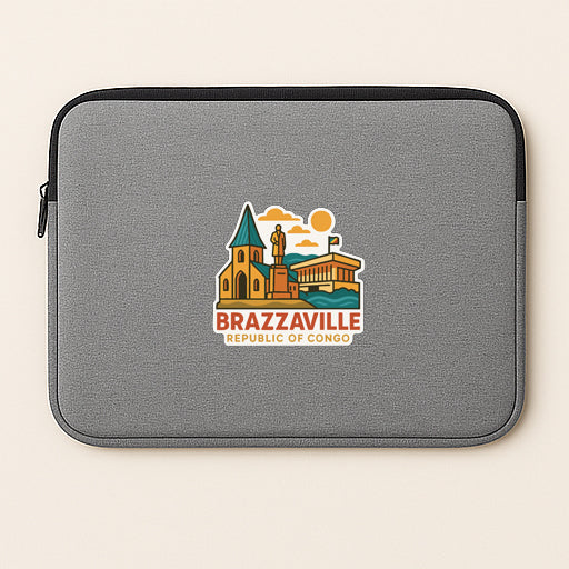 A gray laptop sleeve with a graphic design depicting a cityscape and the text "BRAZZAVILLE REPUBLIC OF CONGO".