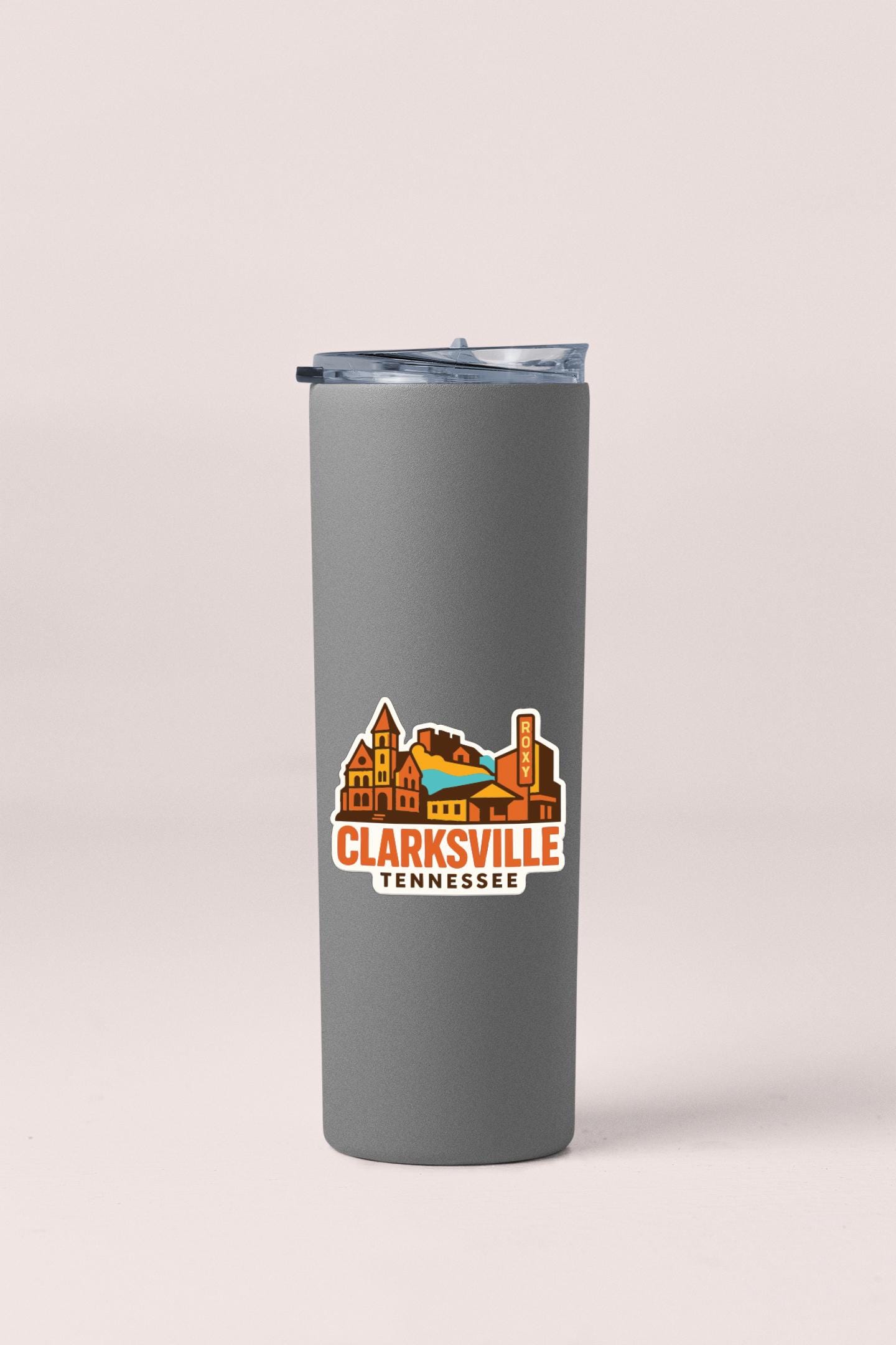 A gray insulated tumbler with a printed label that says "CLARKSVILLE TENNESSEE".