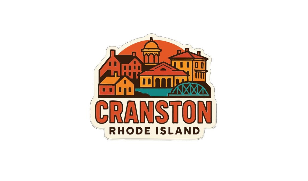 a stylized illustration of Cranston, Rhode Island, with various buildings and landmarks depicted in a colorful, artistic manner.