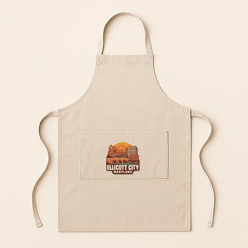 A beige apricot with a graphic design on the front pocket, featuring a cityscape with a building and a sunset.