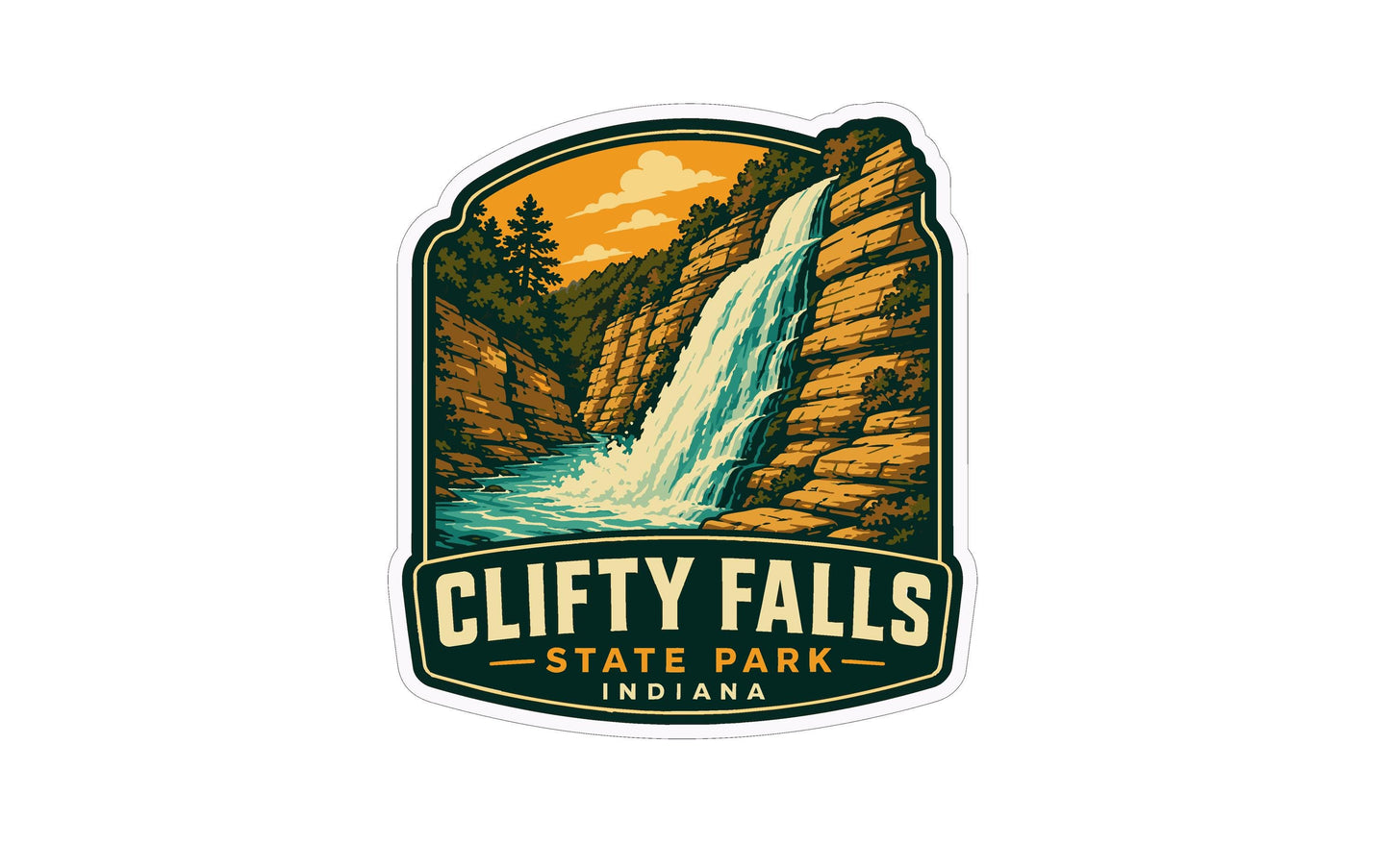 A sticker or emblem featuring a scenic landscape with a waterfall, surrounded by trees and mountains.