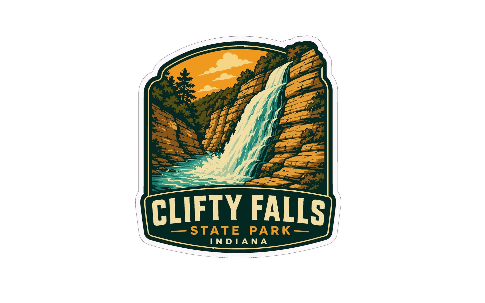 A sticker or emblem featuring a scenic landscape with a waterfall, surrounded by trees and mountains.