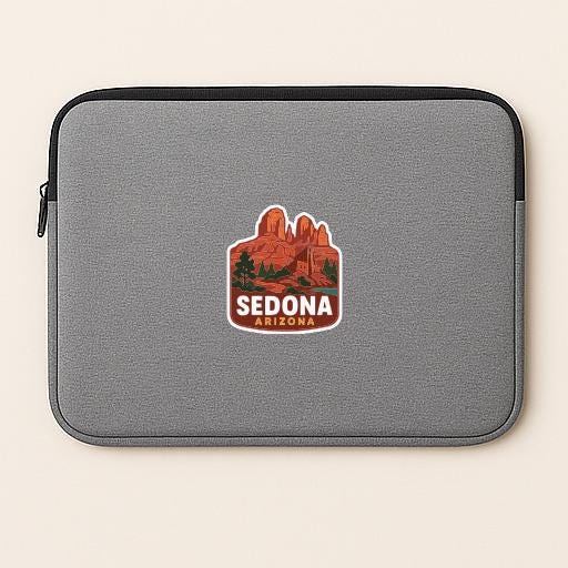 A gray laptop sleeve with a graphic of Sedona, Arizona, featuring a mountain landscape and the text "Sedona Arizona" printed on it.