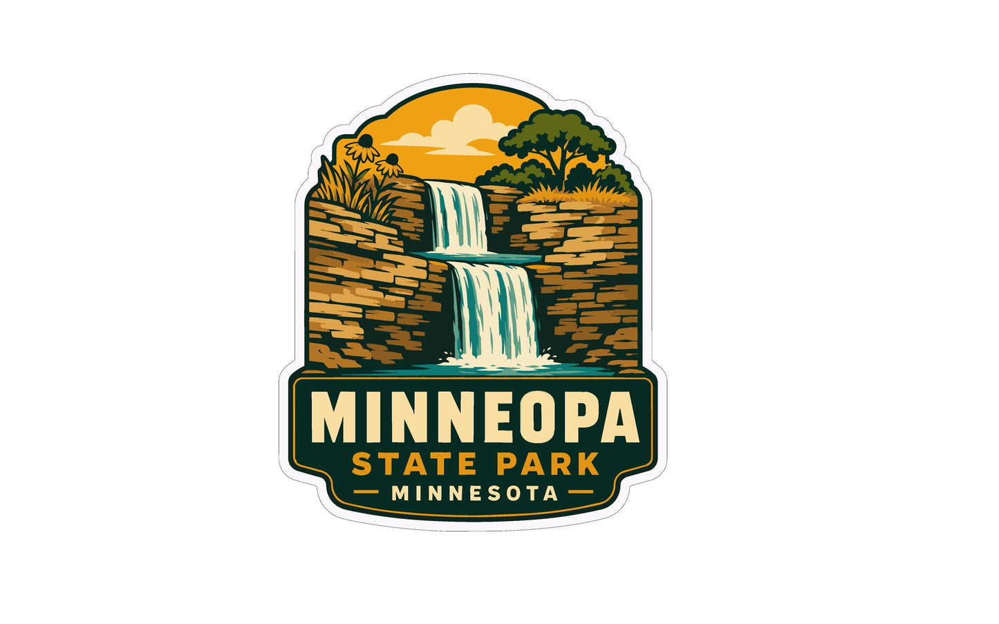 A stylized logo for Minnesota State Park, featuring a waterfall and a scenic landscape.