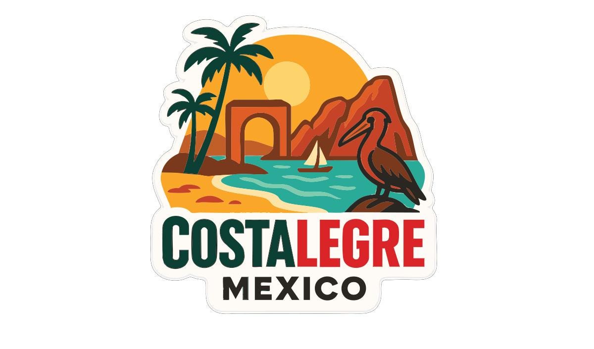 a sticker with a tropical beach scene, palm trees, a bird, and a sailboat. The text "COSTALEGRE MEXICO" is displayed prominently in the center of the sticker.