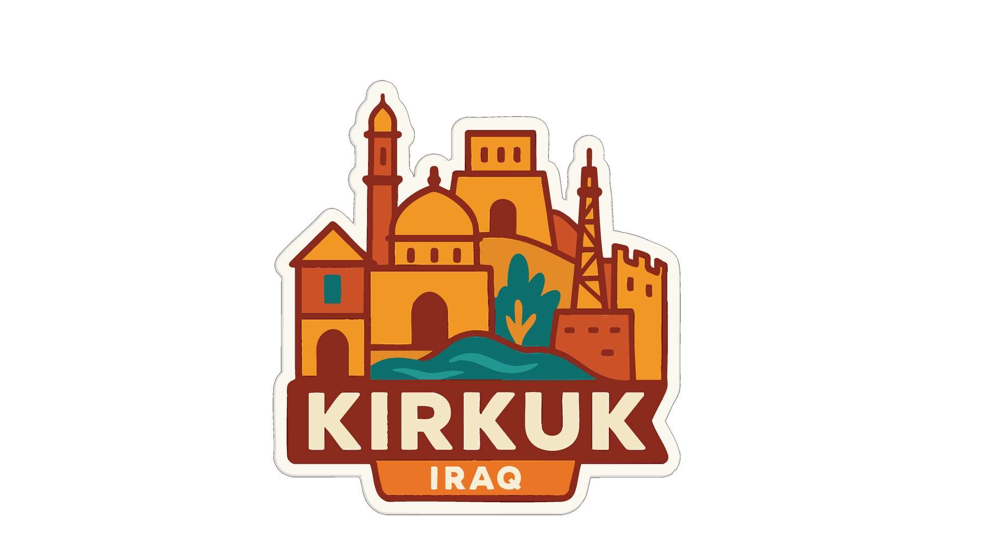a sticker or logo depicting the city of Kirkuk, Iraq.