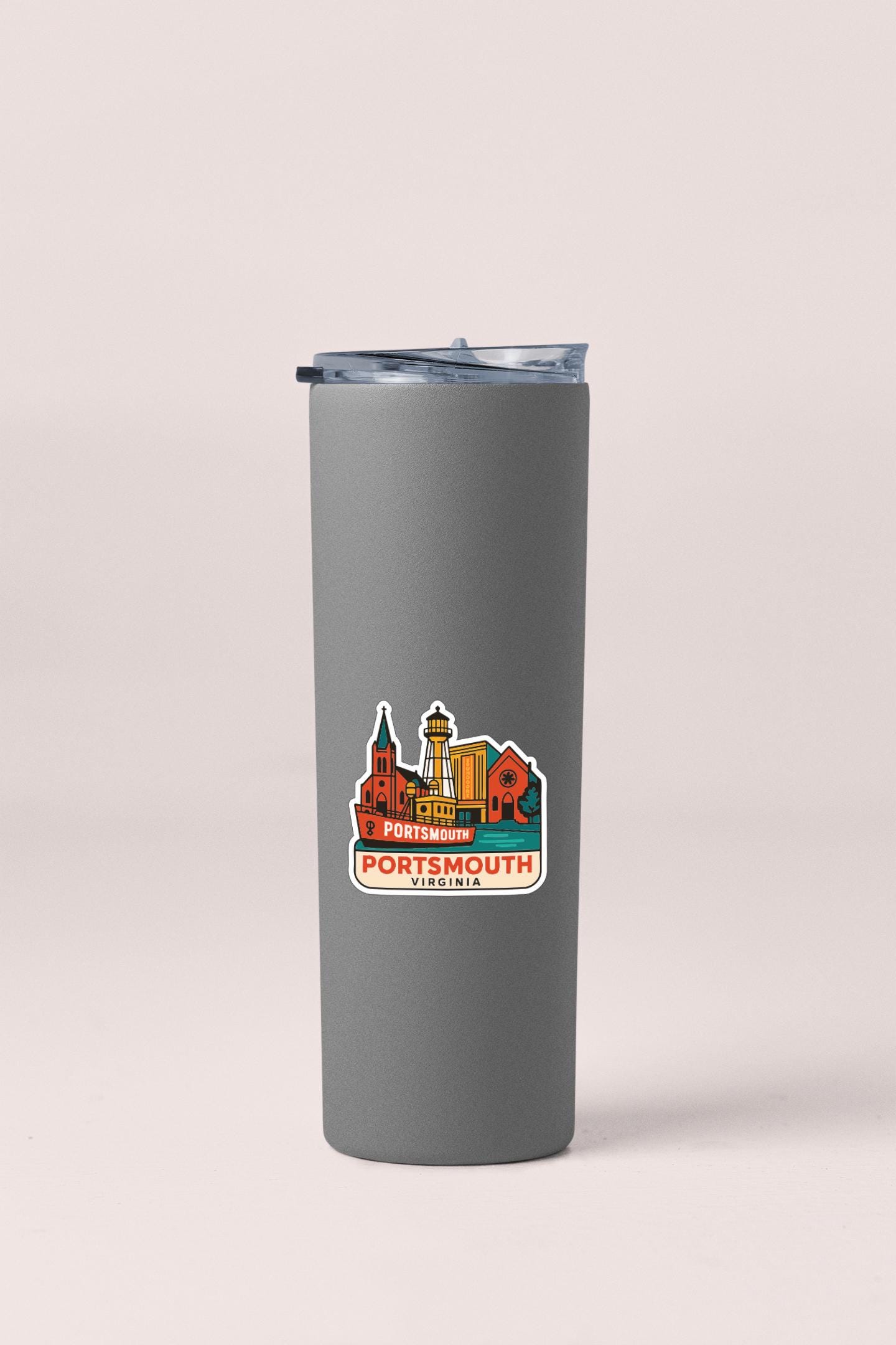 A gray insulated tumbler with a graphic design depicting the city of Portsmouth, Virginia.