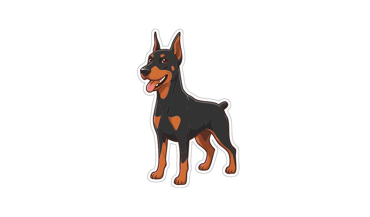 A cartoon illustration of a Doberman dog with a friendly expression.