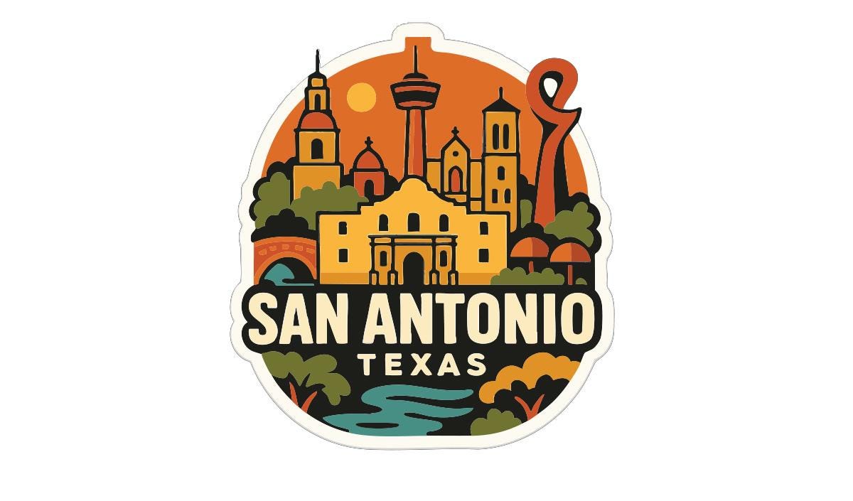 A sticker or emblem featuring the iconic landmarks and architecture of San Antonio, Texas.