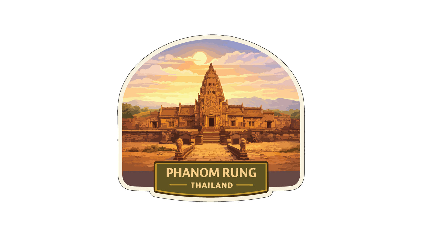 a temple in Phanom Rung, Thailand, with a sunset in the background.