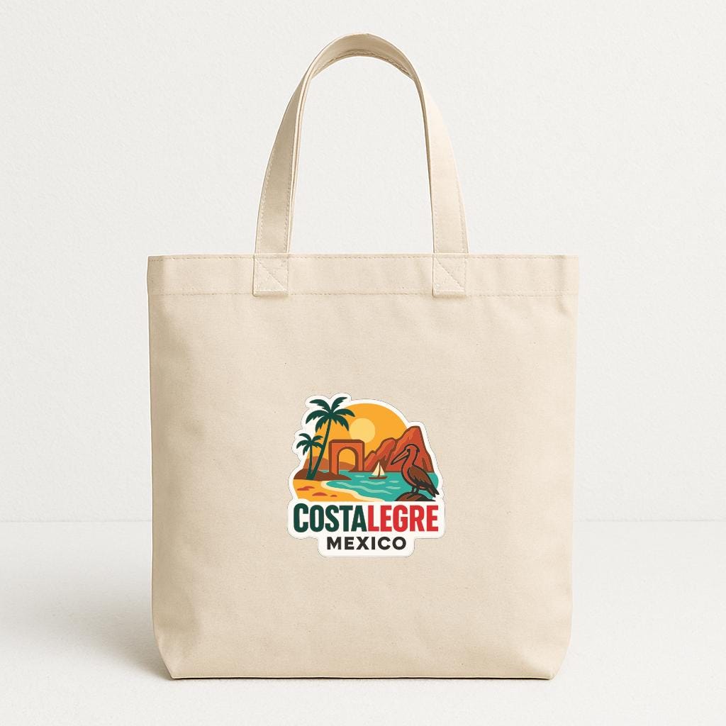 A beige tote bag with a colorful graphic depicting a tropical beach scene and the text "COSTALEGRE MEXICO" printed on it.