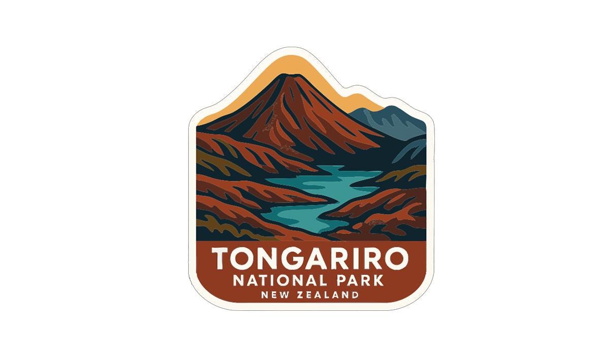 A sticker or logo depicting a mountainous landscape with a river or lake in the foreground, representing Tongarifo National Park in New Zealand.