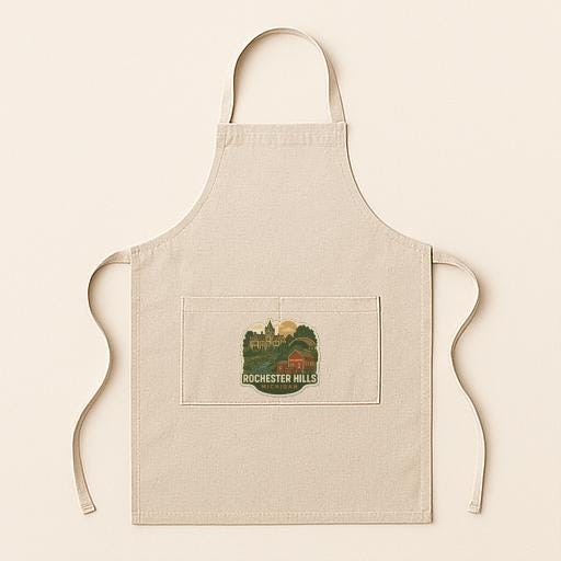 A beige apricot with a graphic of a rural landscape printed on it.