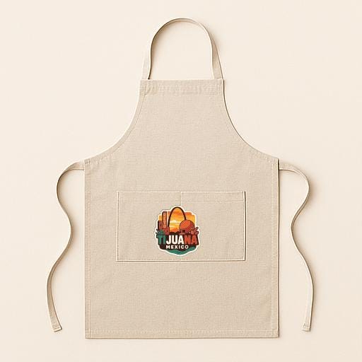 A beige apricot with a graphic of a sunset and the text "JUAN A MARCOS MEXICO" printed on it.