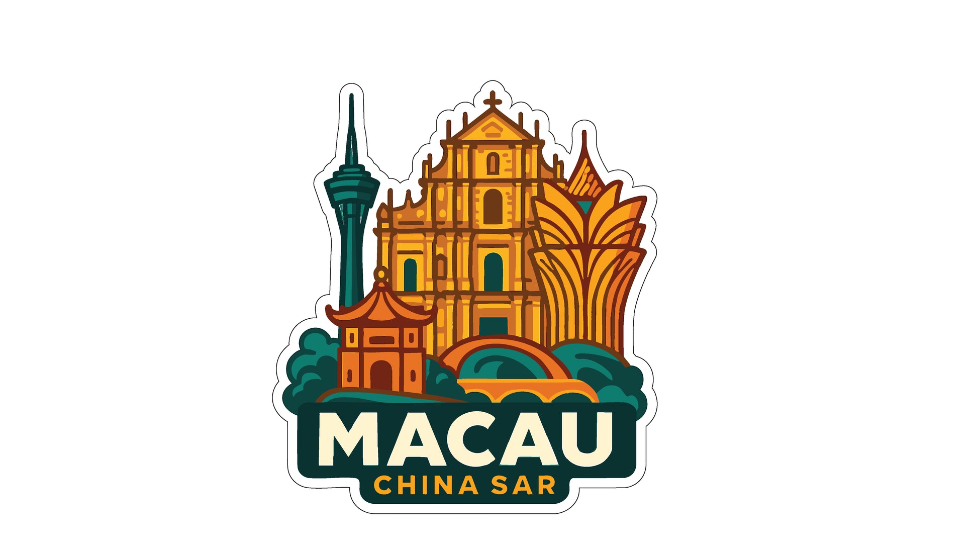 a sticker or logo depicting the Macau skyline, including the Peking Tower, the Macau Cathedral, and the Macau Tower.