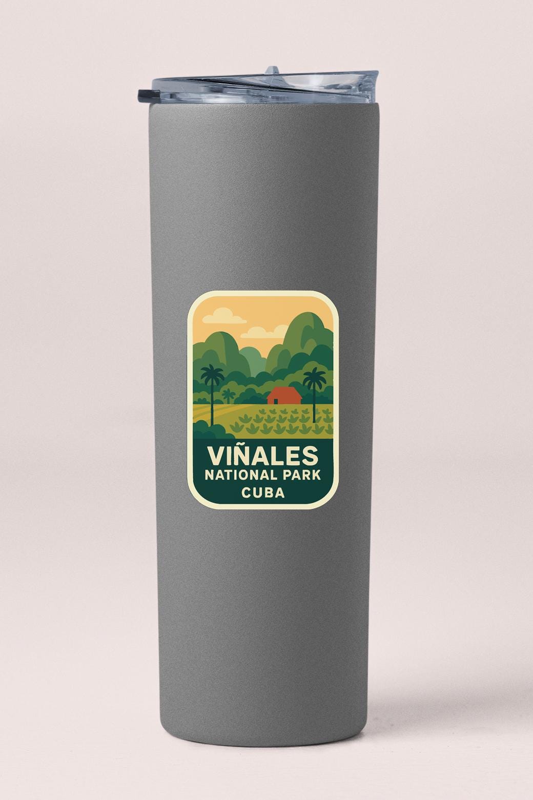 A gray tumbler with a label that says "Vinales National Park Cuba".