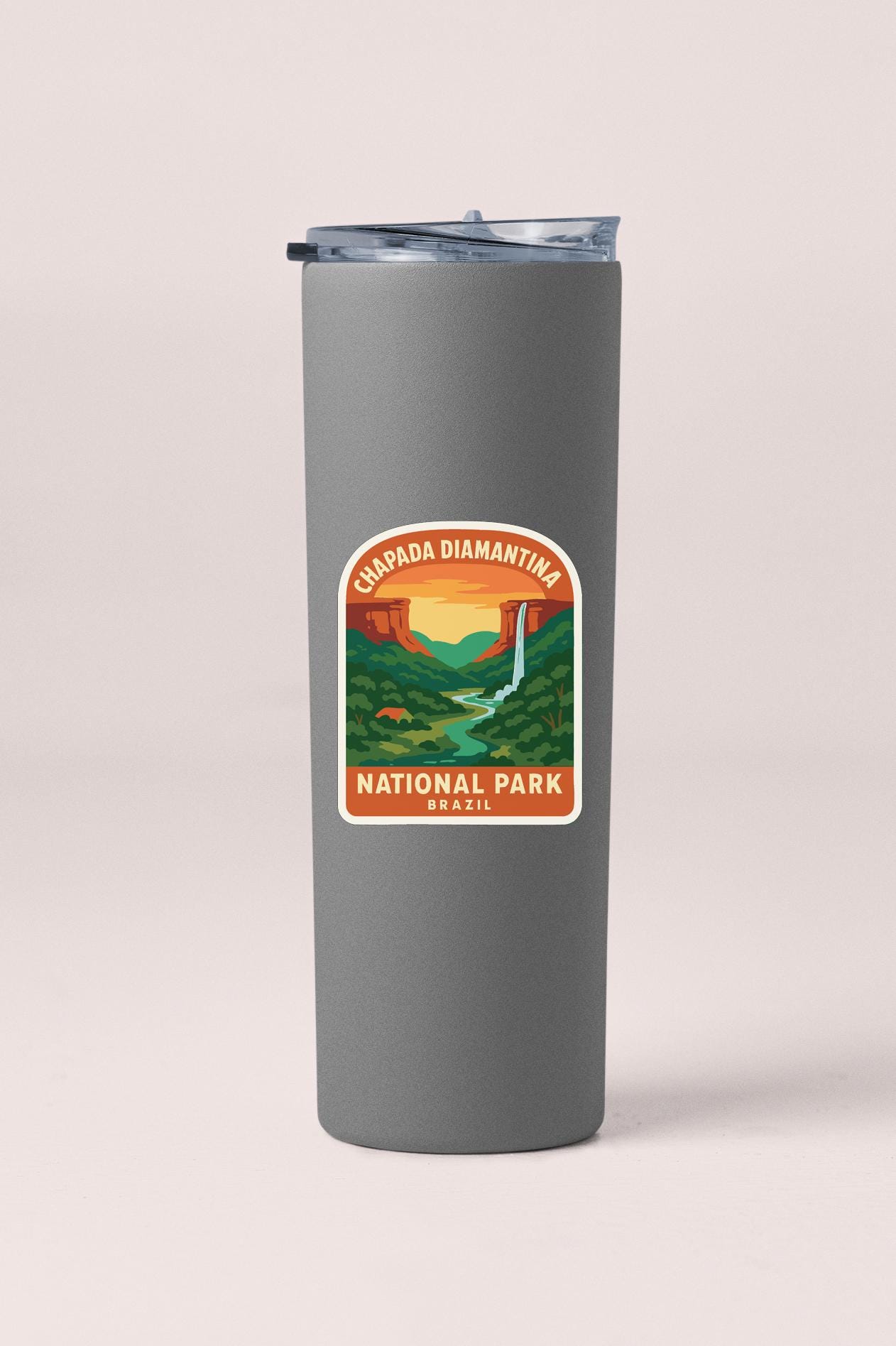 A gray tumbler with a label that says "CHAPADA DIAMANTINA NATIONAL PARK BRAZIL".