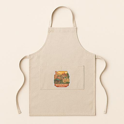A beige apricot with a small graphic of a building and the text "ROCKFORD" printed on it.