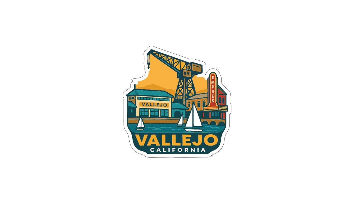 A sticker or logo depicting a cityscape with a crane, buildings, and sailboats, along with the text "VALLEJO CALIFORNIA".