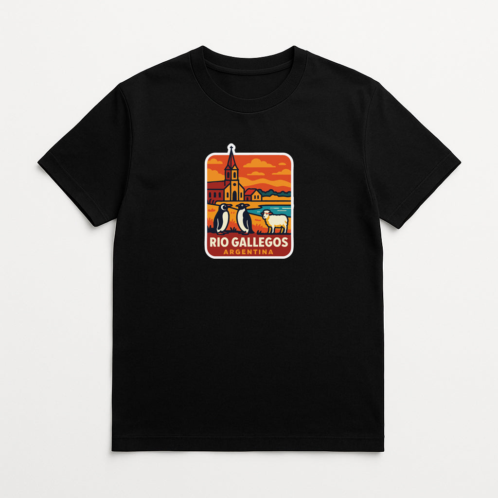 A black t-shirt with a graphic design depicting a cityscape with a church, a penguin, and a sheep, along with the text "RIO GALLEGOS" printed on it.
