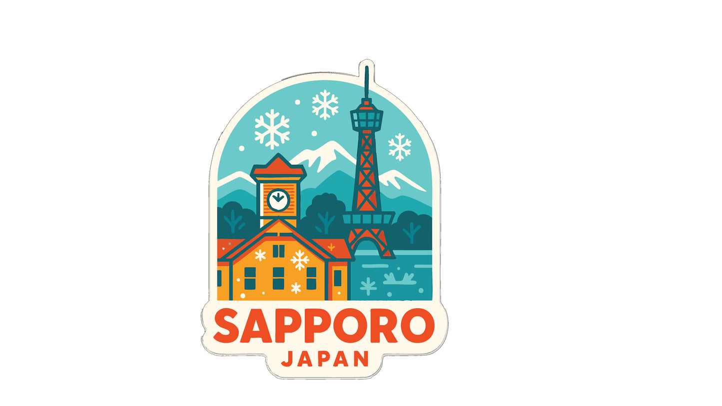 A sticker depicting the Eiffel Tower and a building in Sapporo, Japan, with snowflakes in the background.