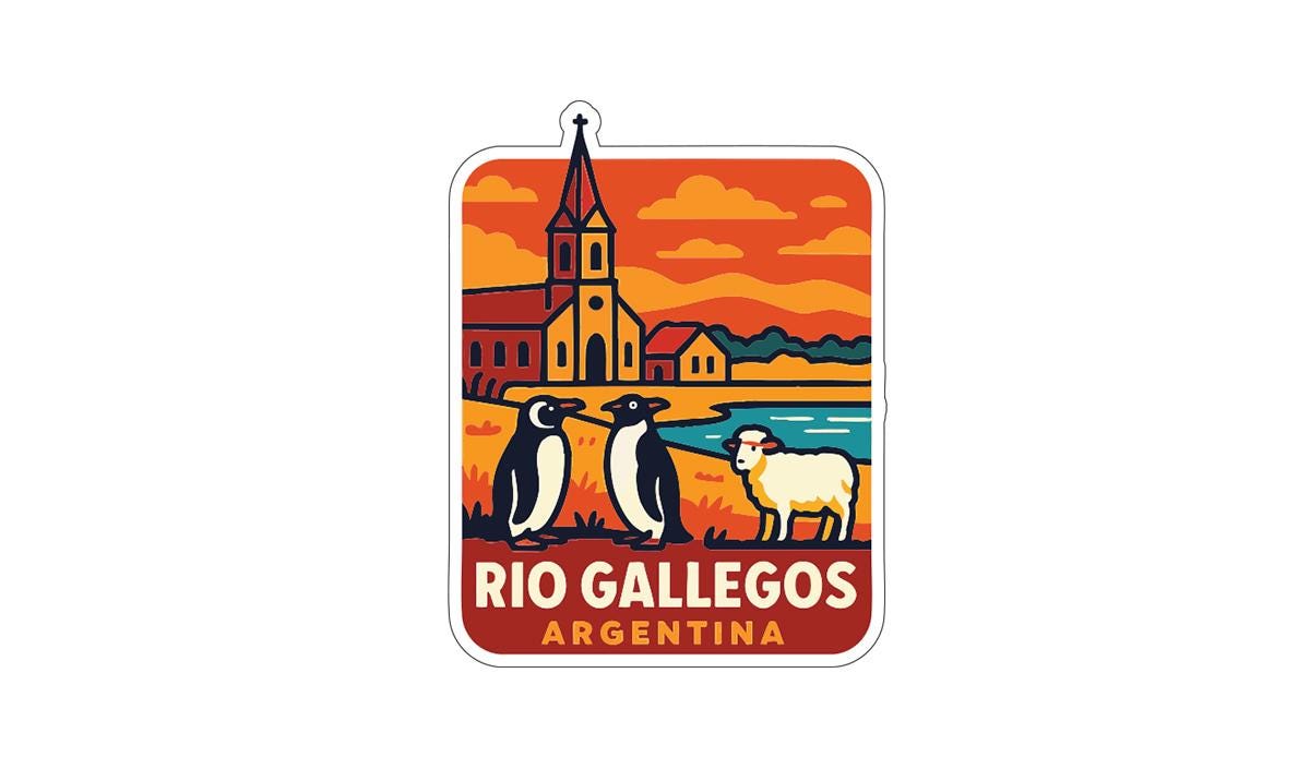 A sticker depicting a scenic view of Rio de Janeiro, Argentina, with a church, penguins, and a sheep in the foreground.