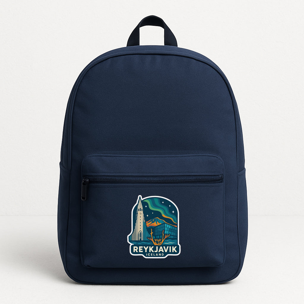 A navy blue backpack with a logo that says "REYkjavik".