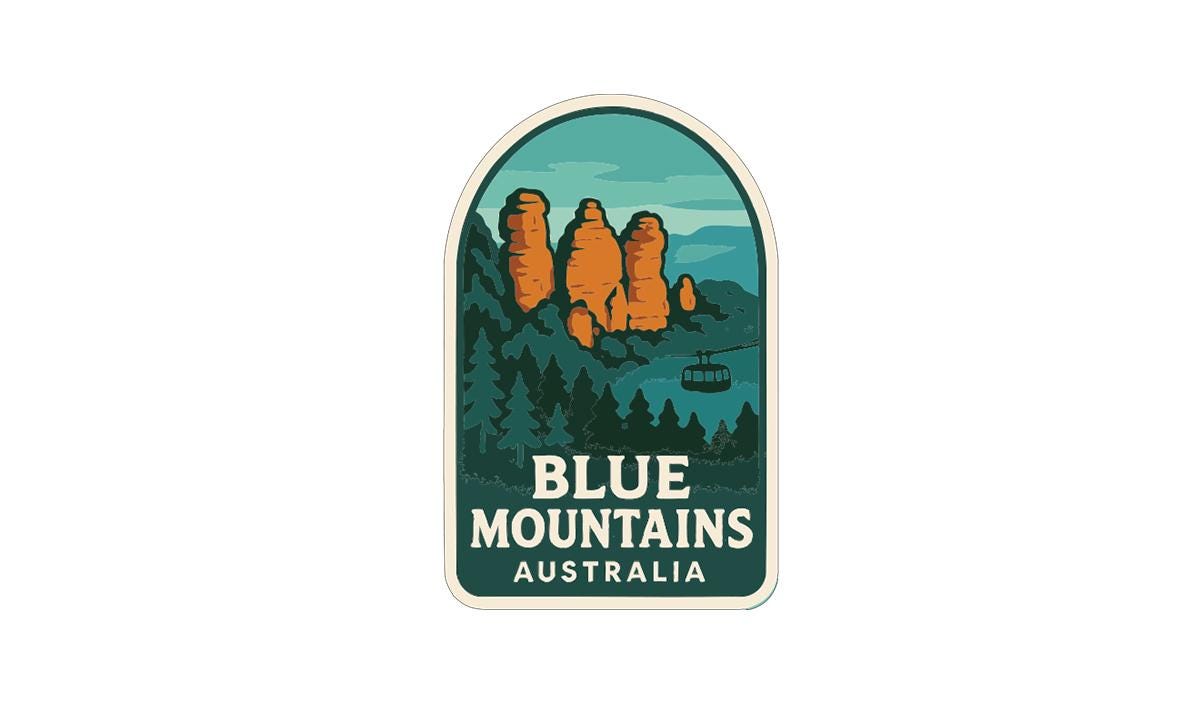 A sticker or label featuring the text "BLUE MOUNTAINS AUSTRALIA" along with an illustration of a scenic landscape with orange rock formations and a body of water.