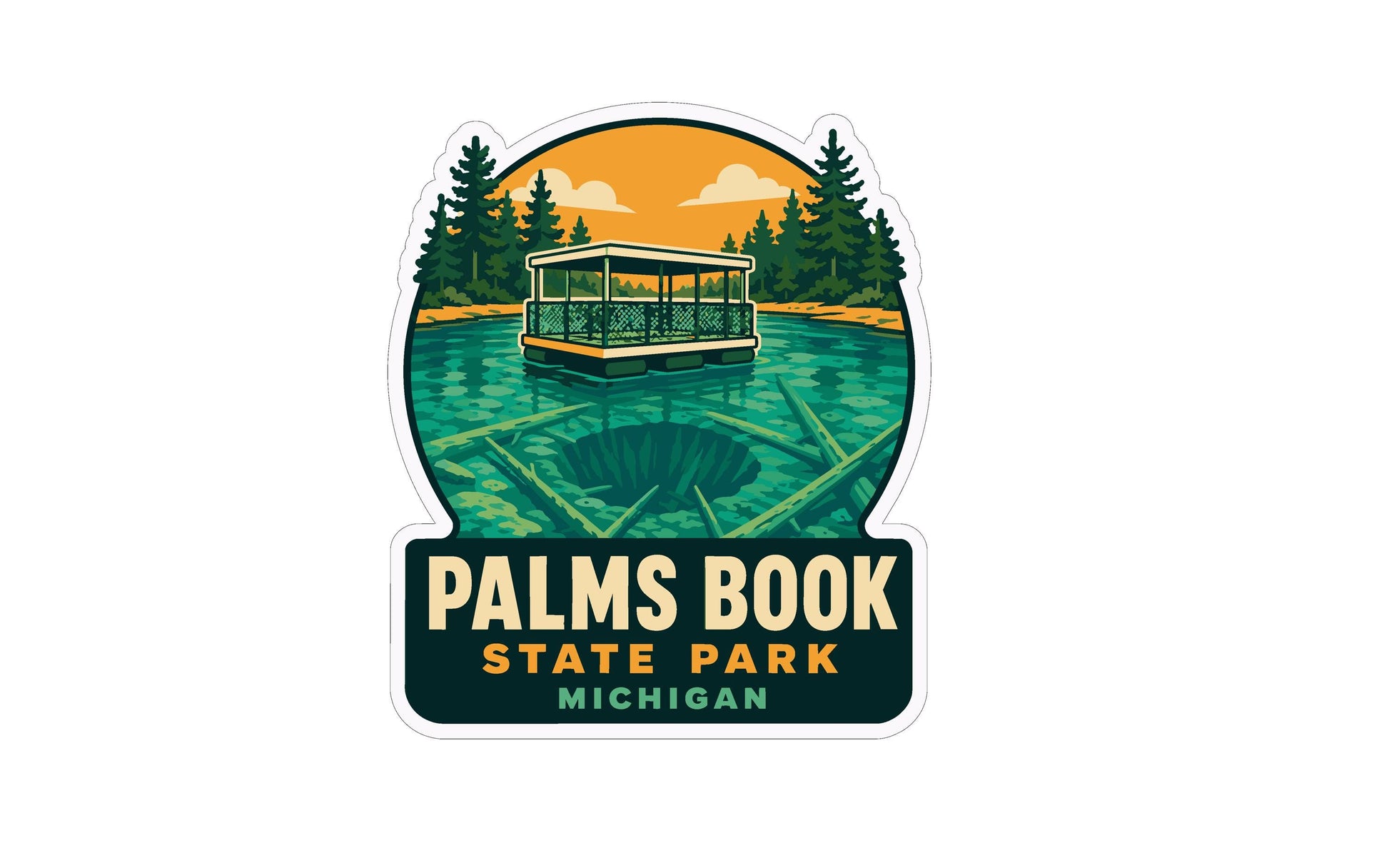 A sticker depicting a boat on a lake surrounded by pine trees, with a scenic background of a sunset and clouds.