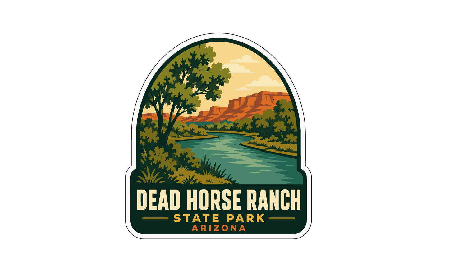 A sticker or emblem featuring a scenic landscape with a river, mountains, and trees, along with the text "Dead Horse Ranch State Park Arizona".