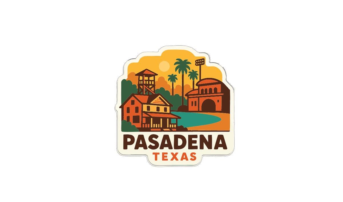 a sticker or emblem with a colorful illustration of a town or city, including buildings, palm trees, and a body of water. The text "PASADENA TEXAS" is prominently displayed, indicating the location or theme of the image.