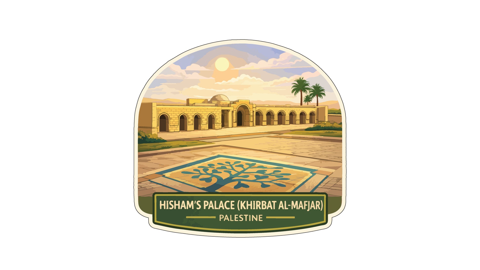 a palace with a tree in the foreground, set against a desert landscape with palm trees and a clear sky.