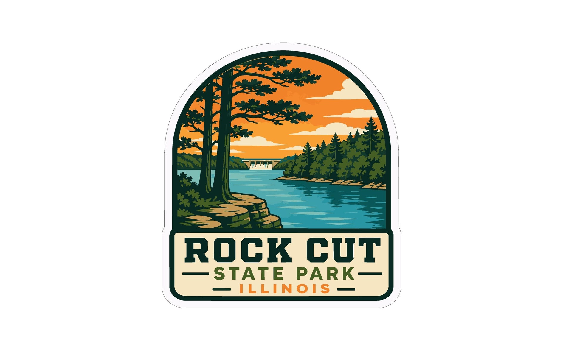 a sticker or logo for Rock Cut State Park in Illinois, depicting a scenic landscape with a lake, trees, and a bridge.