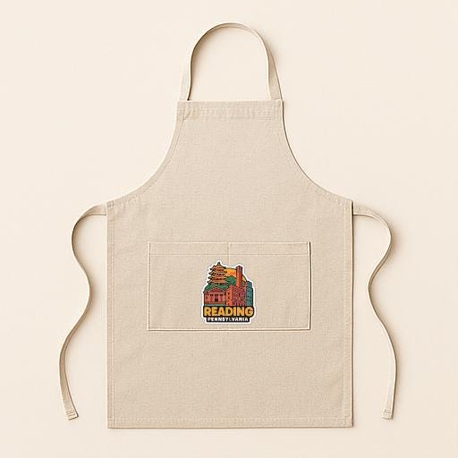 A beige apricot with a colorful graphic and text on the front pocket.