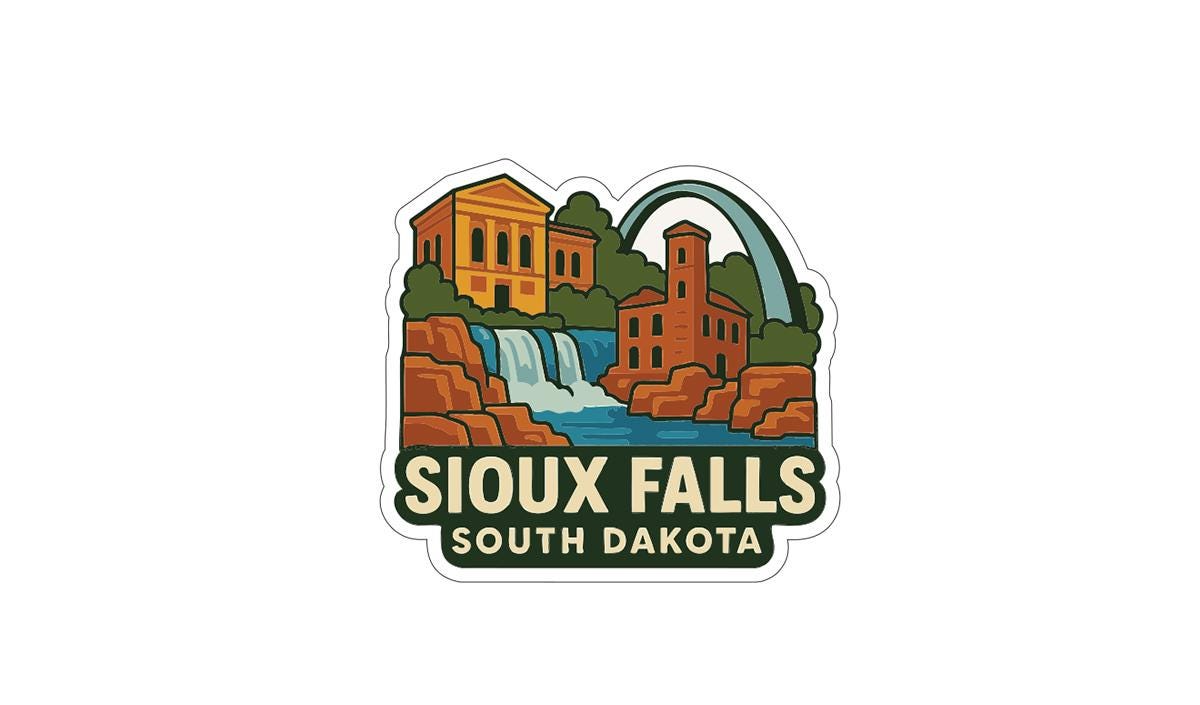 A sticker depicting the scenic landscape of Sioux Falls, South Dakota, with a waterfall, buildings, and a rainbow arching over the scene.