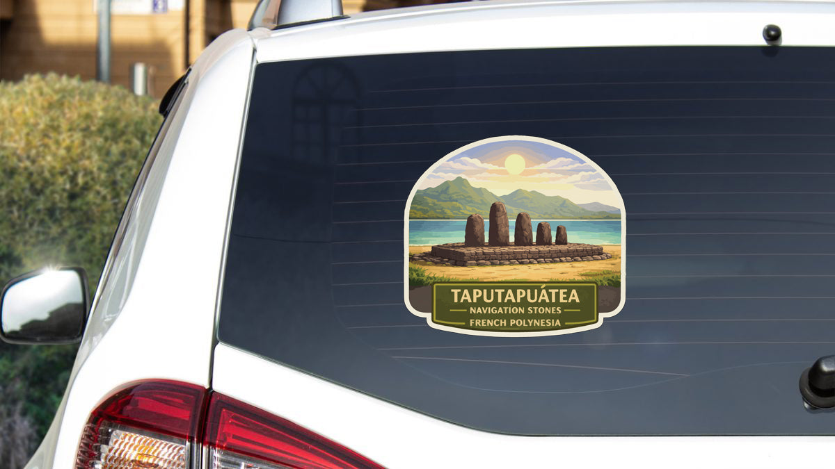 a sticker on the rear window of a car, depicting the famous ancient stone monument known as the Taputapuata, located in French Polynesia.