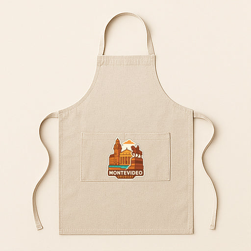 A beige apricot with a graphic design of a city skyline and the text "MONTEVIDE" printed on it.
