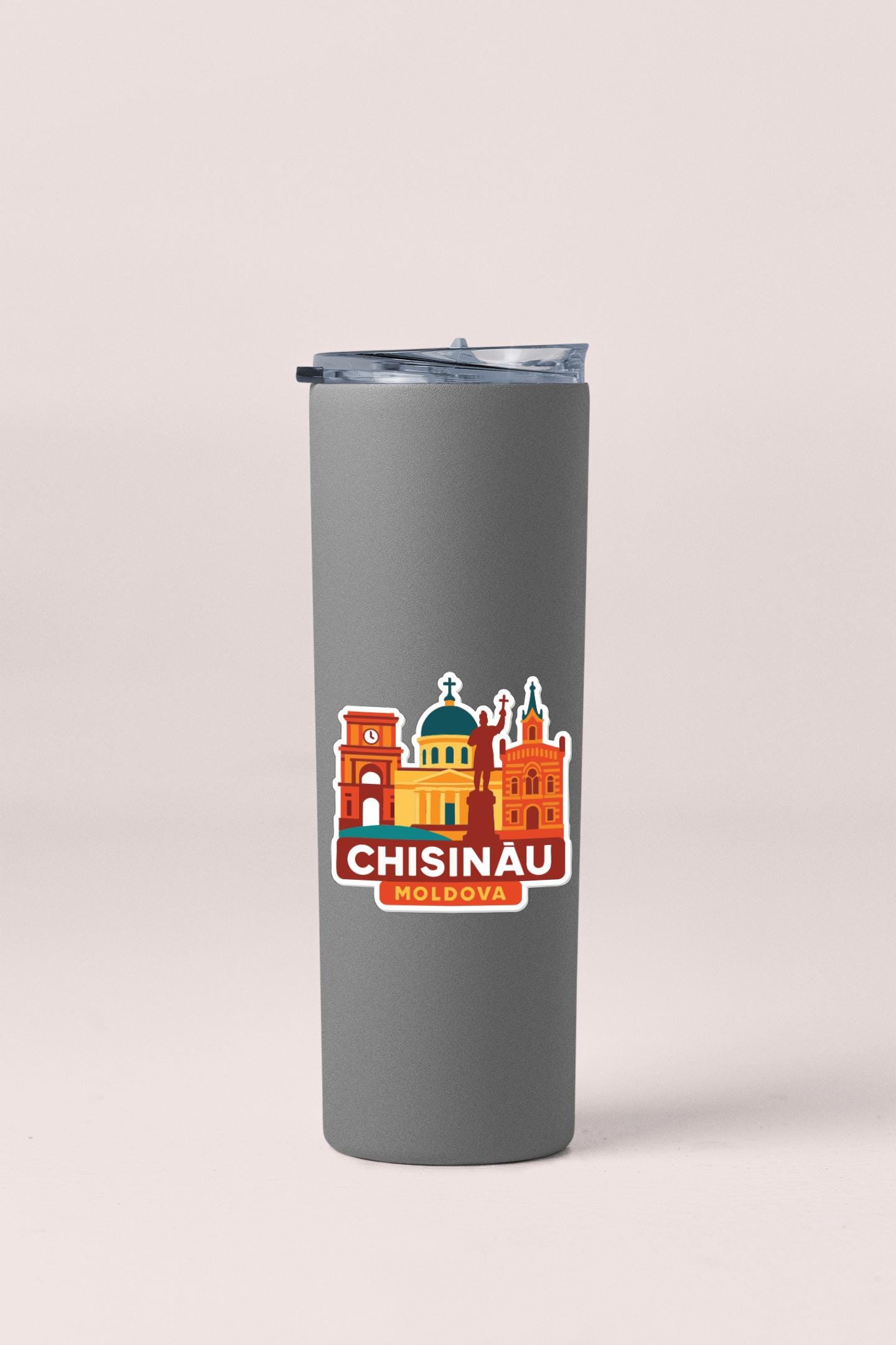A gray insulated tumbler with a sticker featuring the city of Chisinau, Moldova.