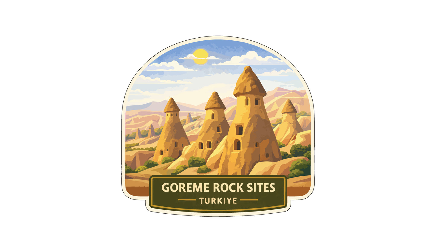 a stylized illustration of the rock formations in the Gorteme rock sites in Turkey, with a clear sky and a sun in the background.