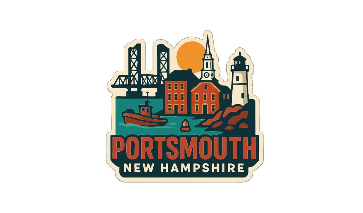 A sticker or emblem featuring the town of Portsmouth, New Hampshire, with various landmarks and elements such as a bridge, lighthouse, and buildings.