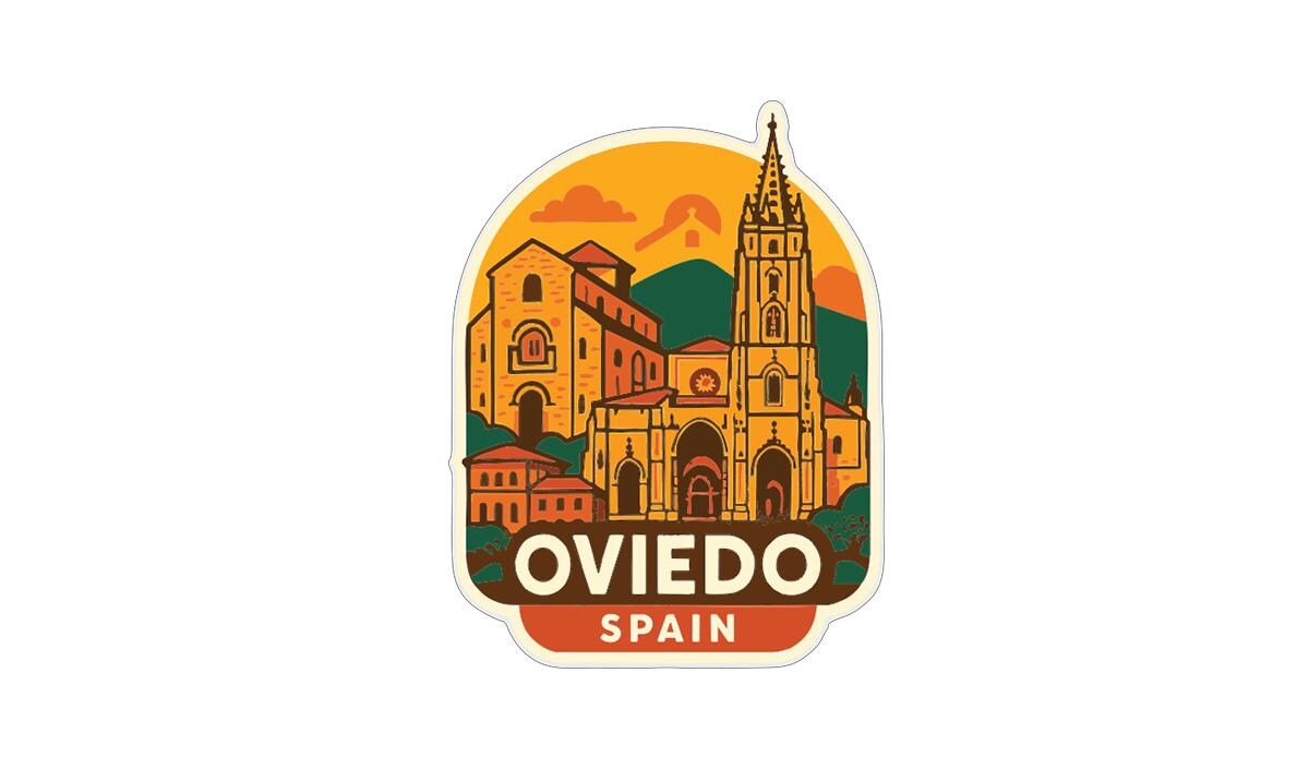 a sticker or emblem with a stylized illustration of a cityscape, including a church or cathedral, and the text "OVIEDO SPAIN" prominently displayed.
