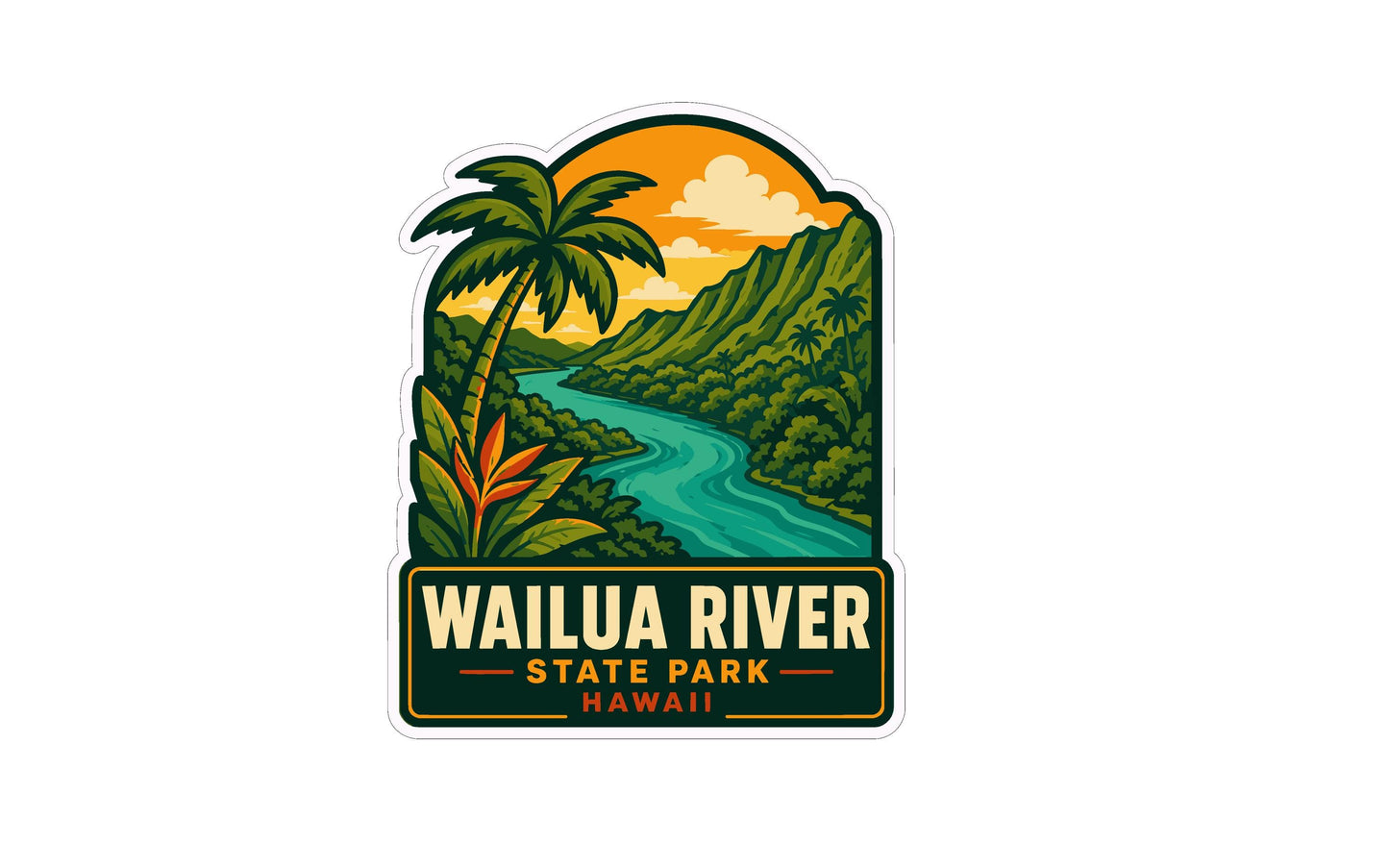 A sticker depicting a tropical landscape with a palm tree, a river, and mountains, with the text "WAILUA RIVER STATE PARK HAWAII" prominently displayed.
