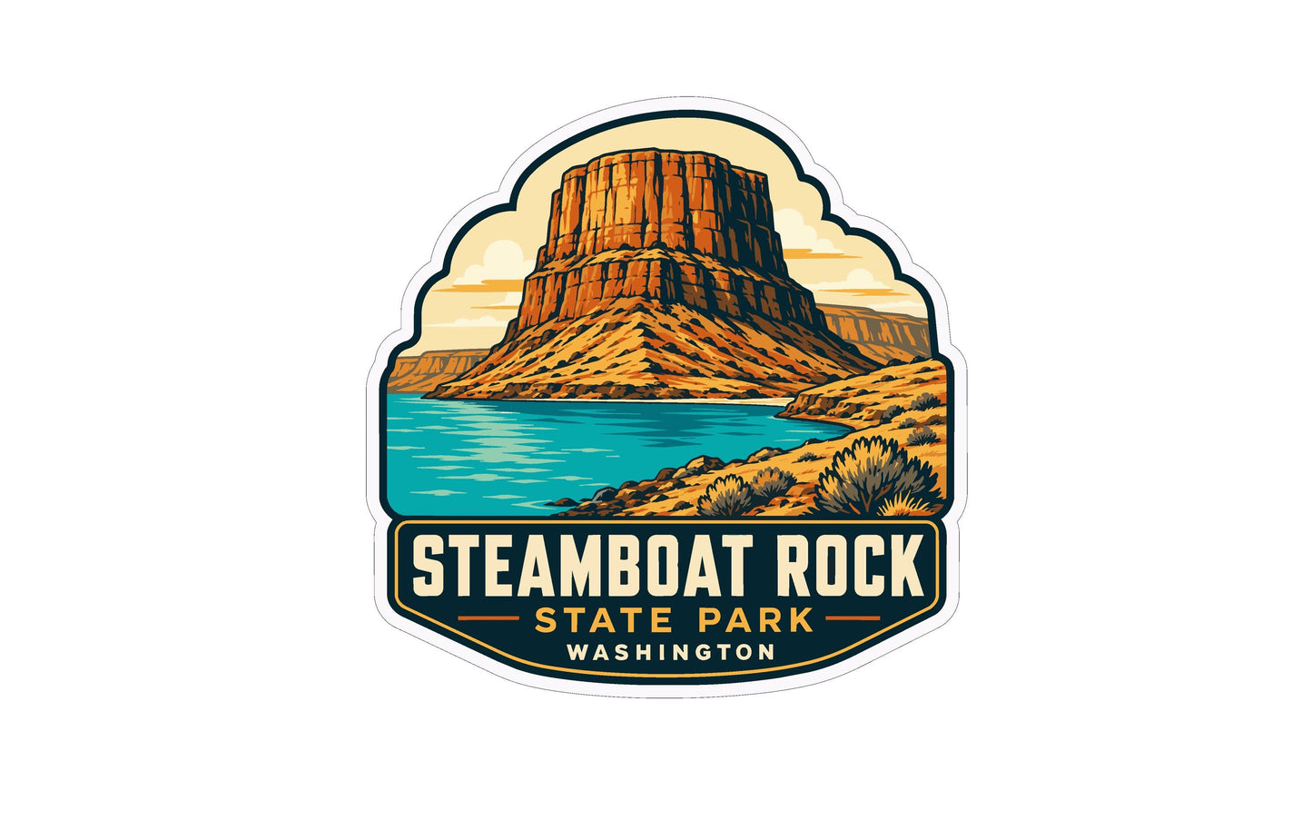 a sticker or emblem with a mountain landscape and a body of water, likely representing Steamboat Rock State Park in Washington.