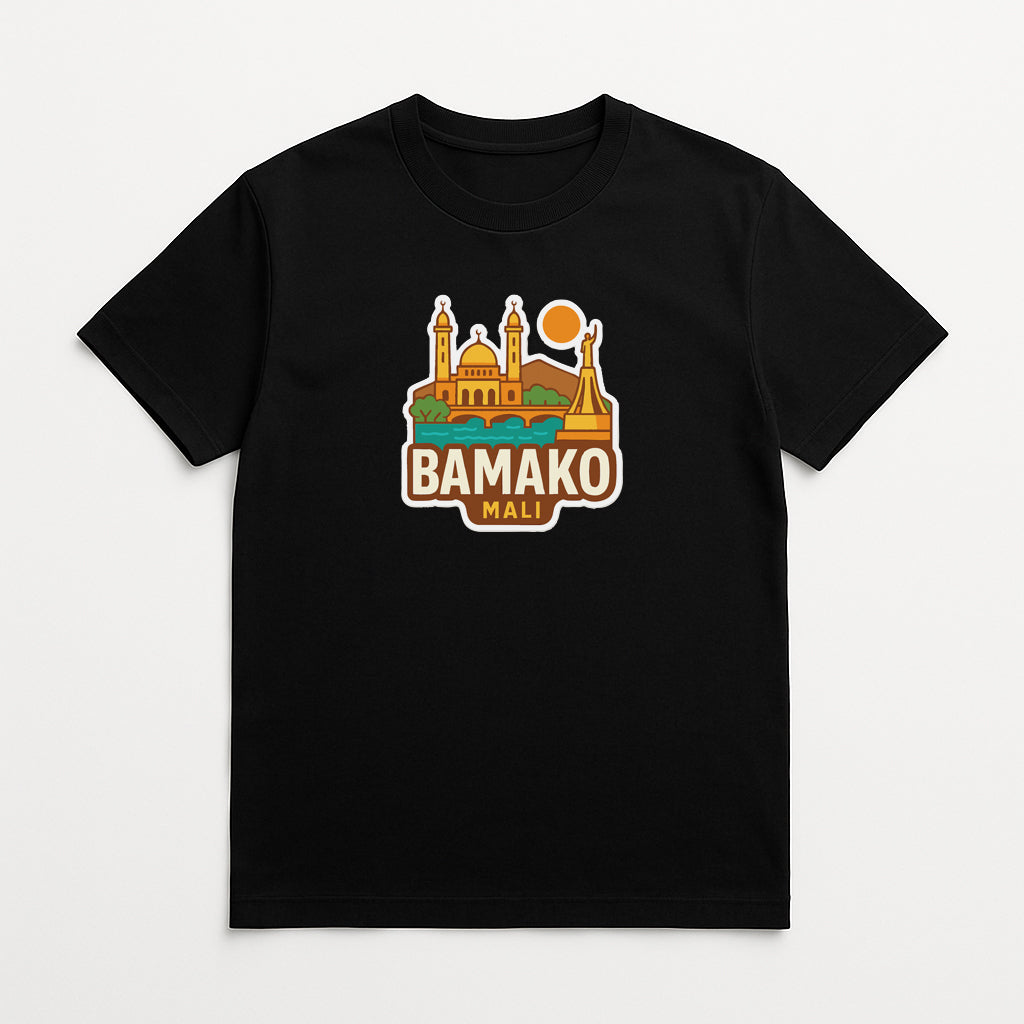 A black t-shirt with a graphic design featuring a city skyline and the text "BAMAKO MALI" printed on it.